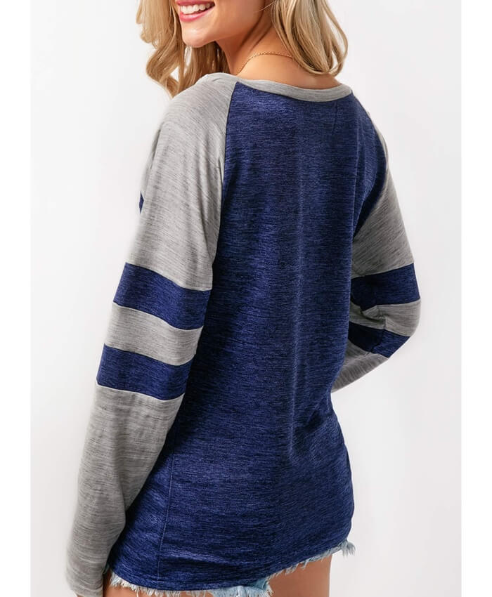 Blue Long Sleeve Round Neck Patchwork T Shirt